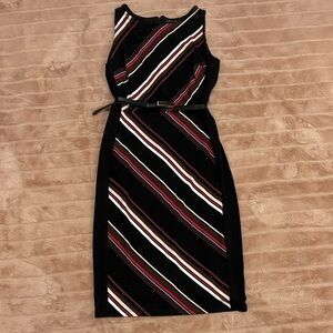 White House Black Market Black Sheath Dress with Burgundy and Cream Stripes